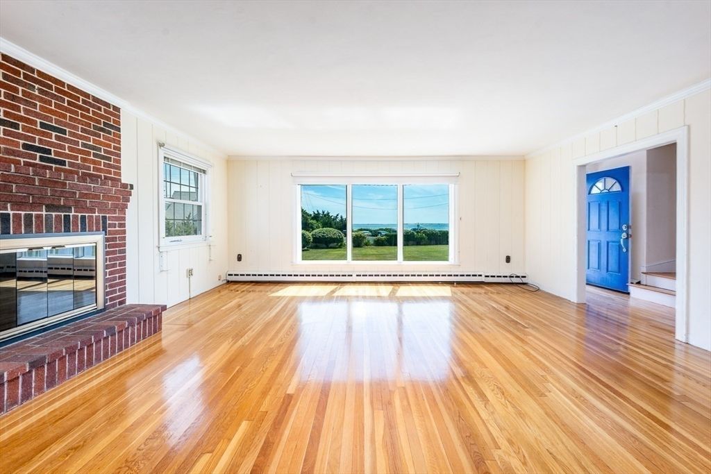 Empty room, Fireplace, Interior, Stone Walls, Wood Texture Flooring