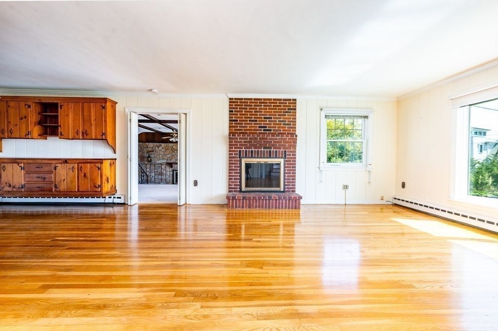 Empty room, Fireplace, Interior, Stone Walls, Wood Texture Flooring