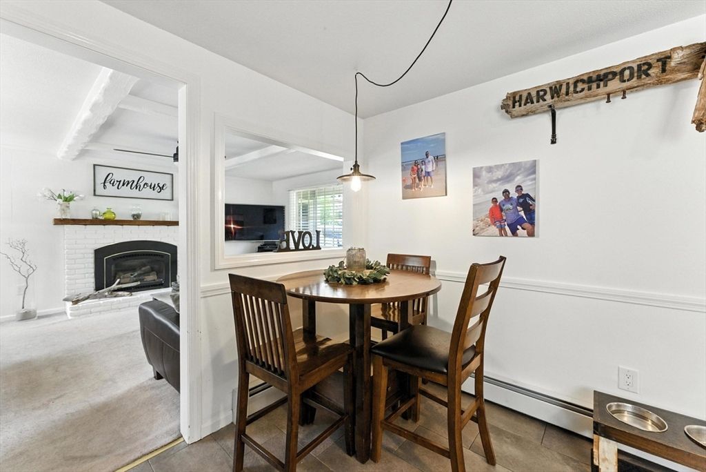 Dining room, Fireplace, Interior, Pendant Lights