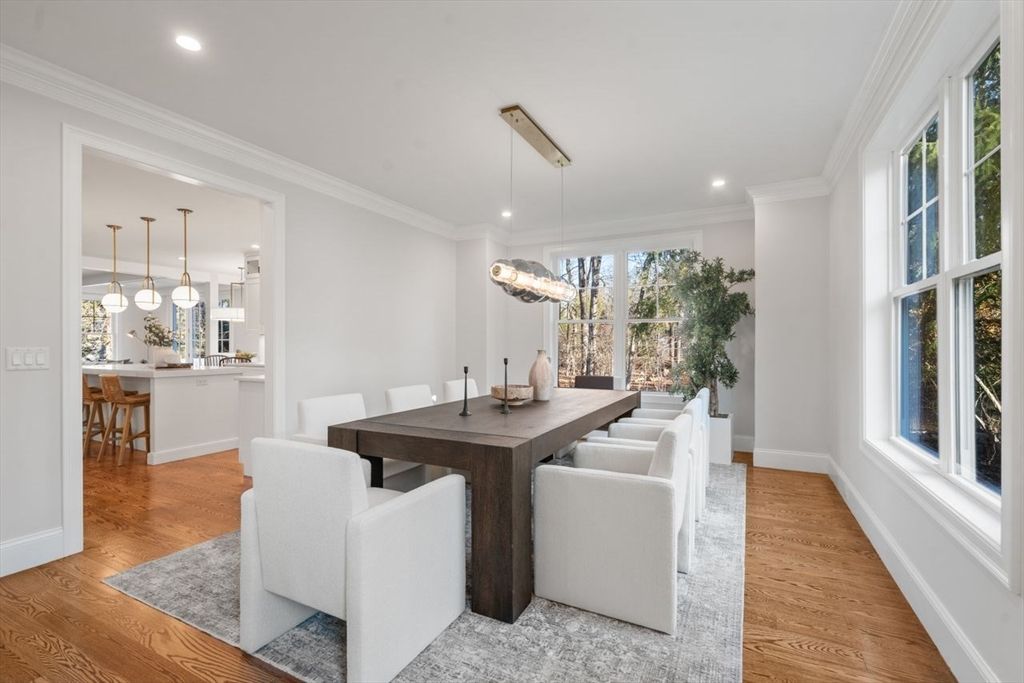 Dining room, Interior, Pendant Lights, Recessed Lighting, Wood Texture Flooring