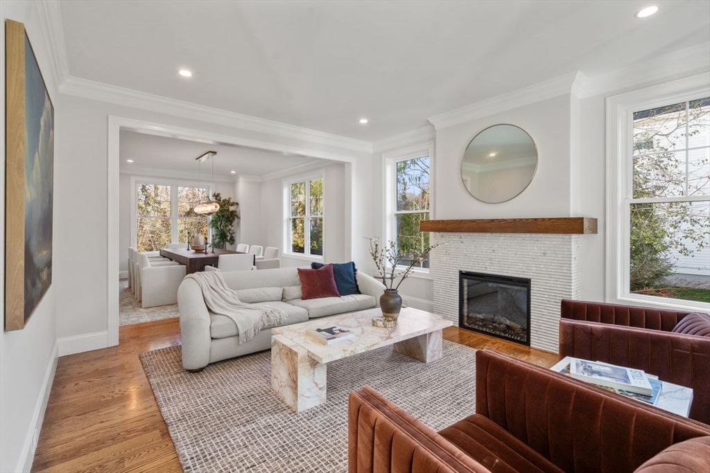 Dining room, Fireplace, Interior, Living room, Pendant Lights, Recessed Lighting, Wood Texture Flooring