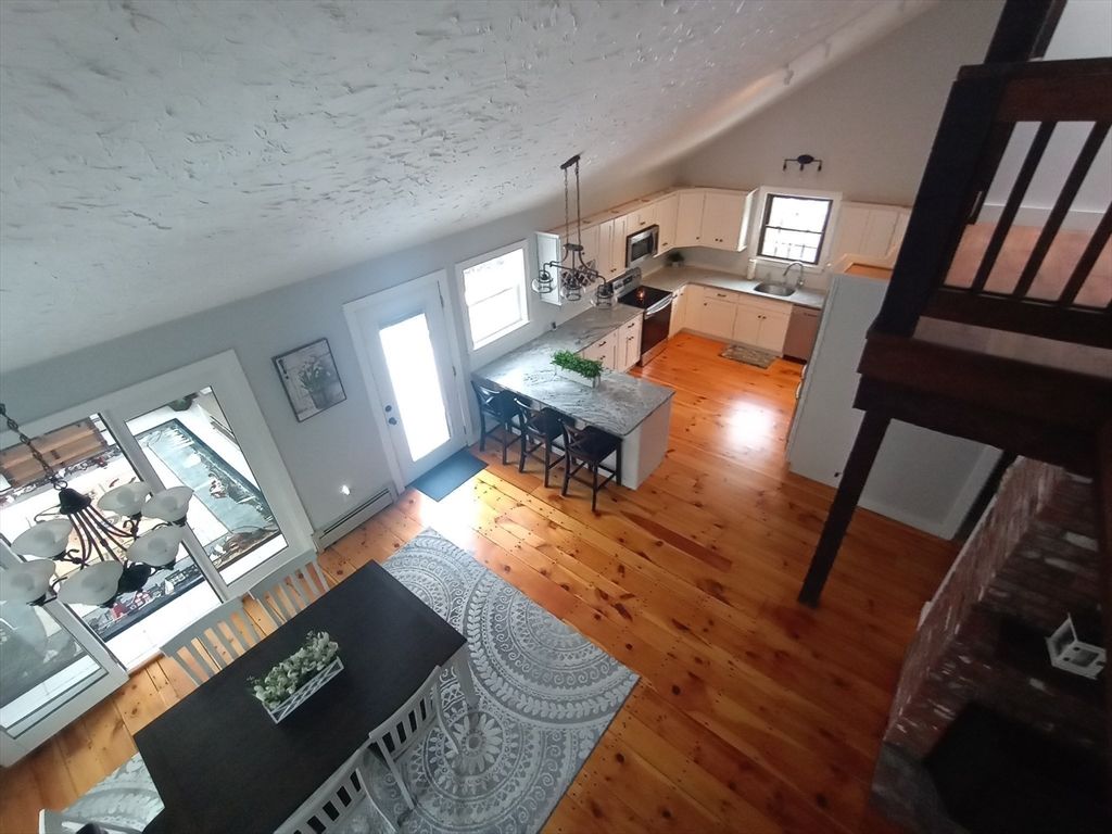 Dining room, Interior, Kitchen, Pendant Lights, Wood Texture Flooring