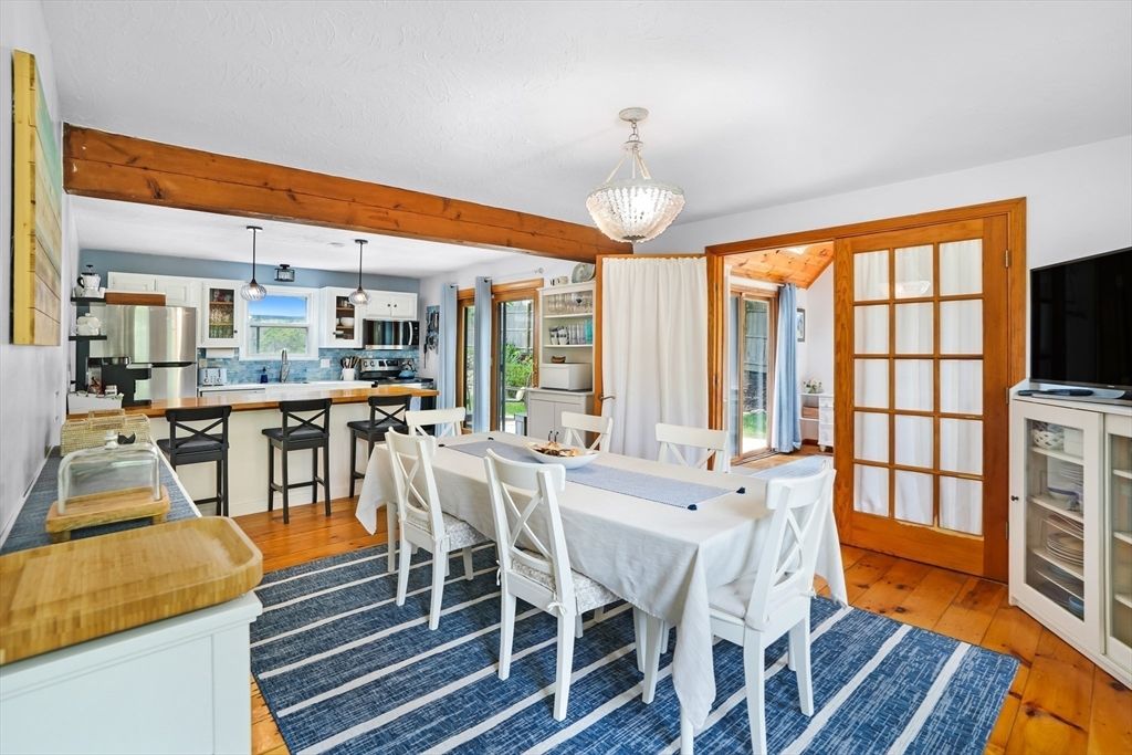 Dining room, Interior, Kitchen, Pendant Lights, Stainless Steel Appliances, Wooden Beams, Wood Texture Flooring