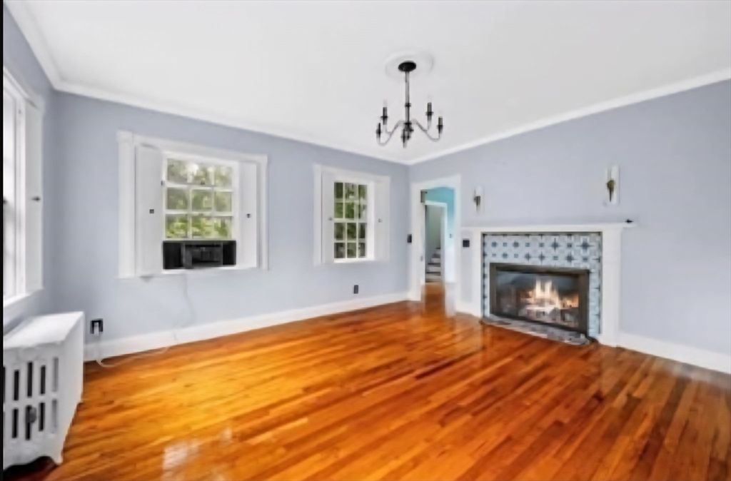 Empty room, Fireplace, Interior, Pendant Lights, Wood Texture Flooring