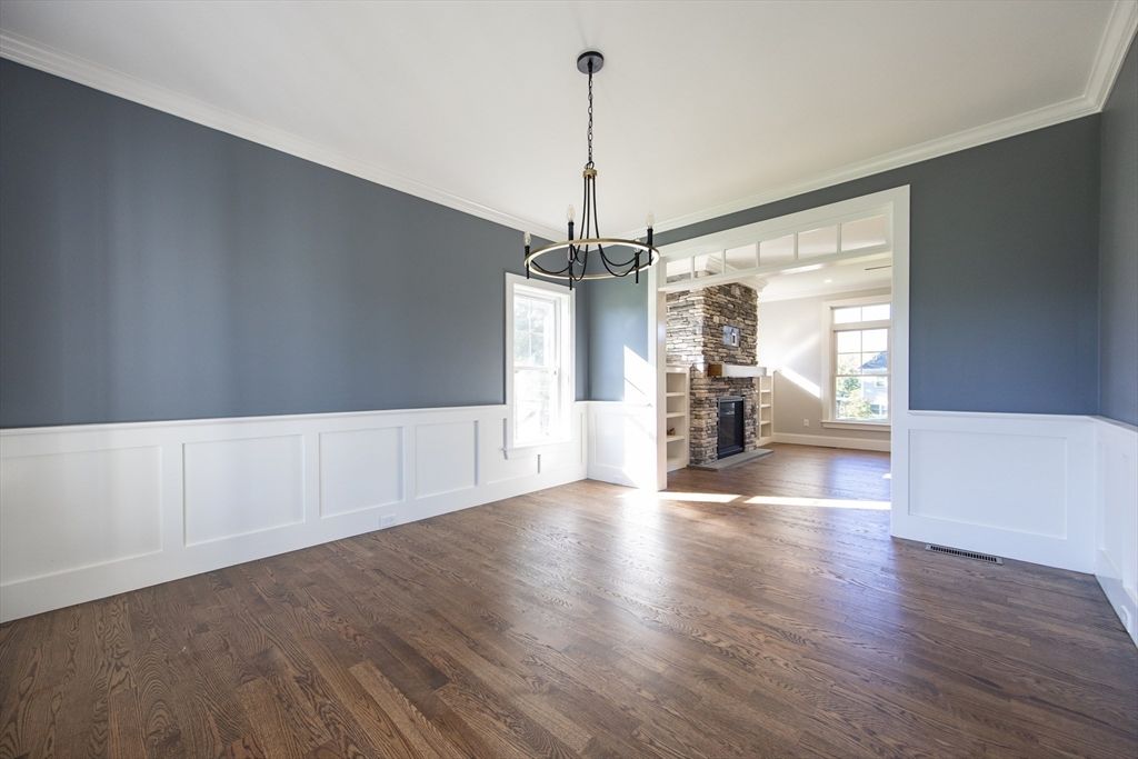 Empty room, Fireplace, Interior, Pendant Lights, Wood Texture Flooring