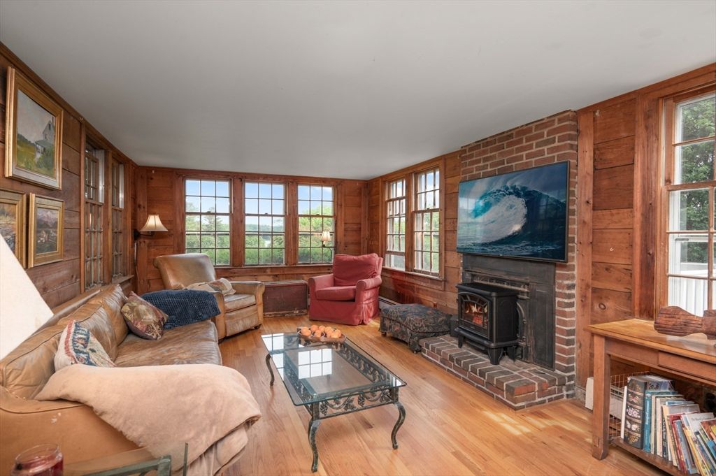Fireplace, Interior, Living room, Stone Walls, Wood Texture Flooring, Wooden Walls