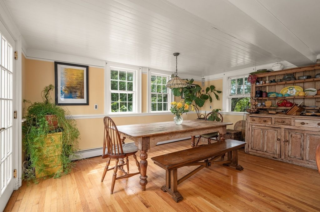 Dining room, Interior, Pendant Lights, Wood Texture Flooring