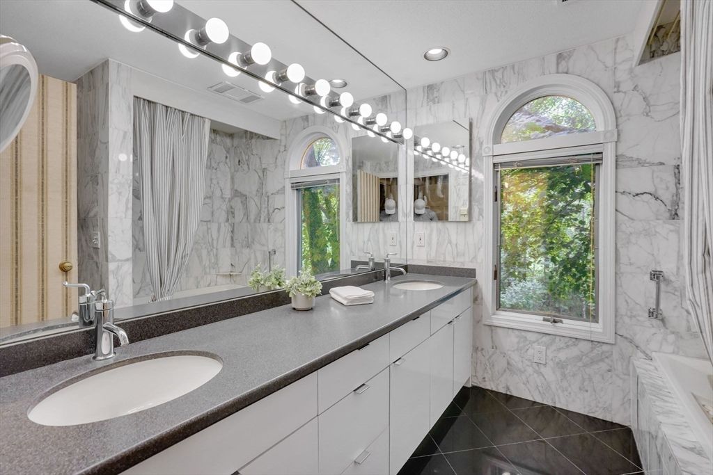 Bathroom, Dual Sink Vanities, Interior, Marble Walls, Recessed Lighting