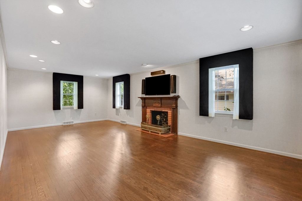 Empty room, Fireplace, Interior, Recessed Lighting, Wood Texture Flooring