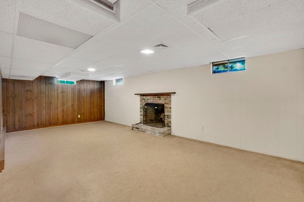 Empty room, Fireplace, Interior, Recessed Lighting, Wooden Walls