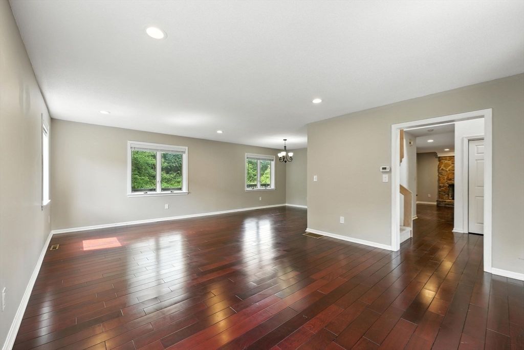 Chandelier, Empty room, Interior, Recessed Lighting, Wood Texture Flooring