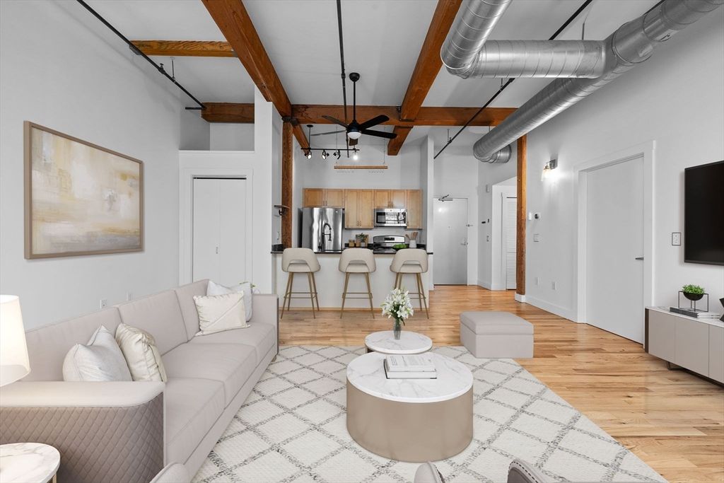 Interior, Kitchen, Living room, Pendant Lights, Stainless Steel Appliances, Wooden Beams, Wood Texture Flooring