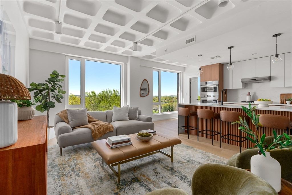 Interior, Kitchen, Living room, Pendant Lights, Stainless Steel Appliances, Wood Texture Flooring