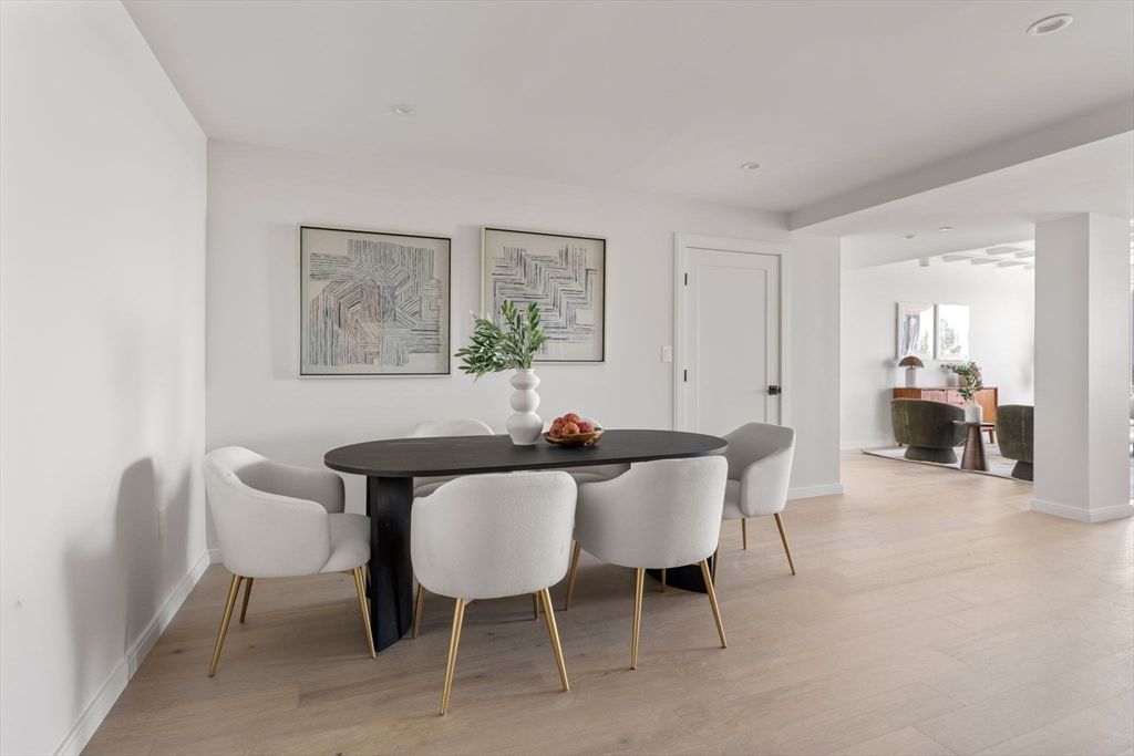 Dining room, Interior, Recessed Lighting, Wood Texture Flooring