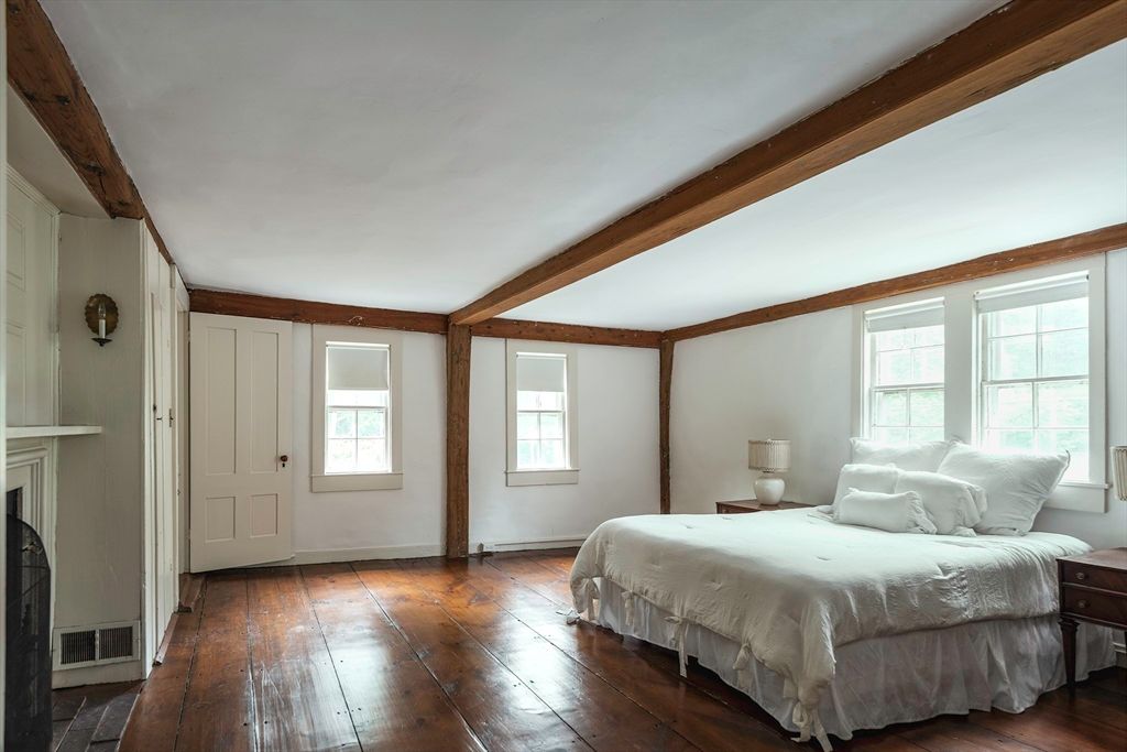 Bedroom, Fireplace, Interior, Wooden Beams, Wood Texture Flooring