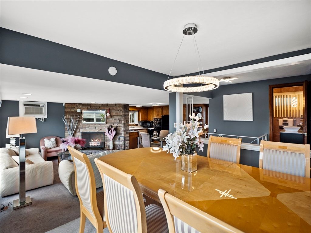 Dining room, Fireplace, Interior, Kitchen, Living room, Pendant Lights, Stone Walls