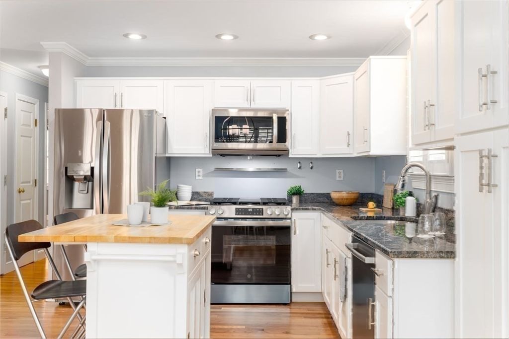 Interior, Kitchen, Recessed Lighting, Stainless Steel Appliances, Wood Texture Flooring