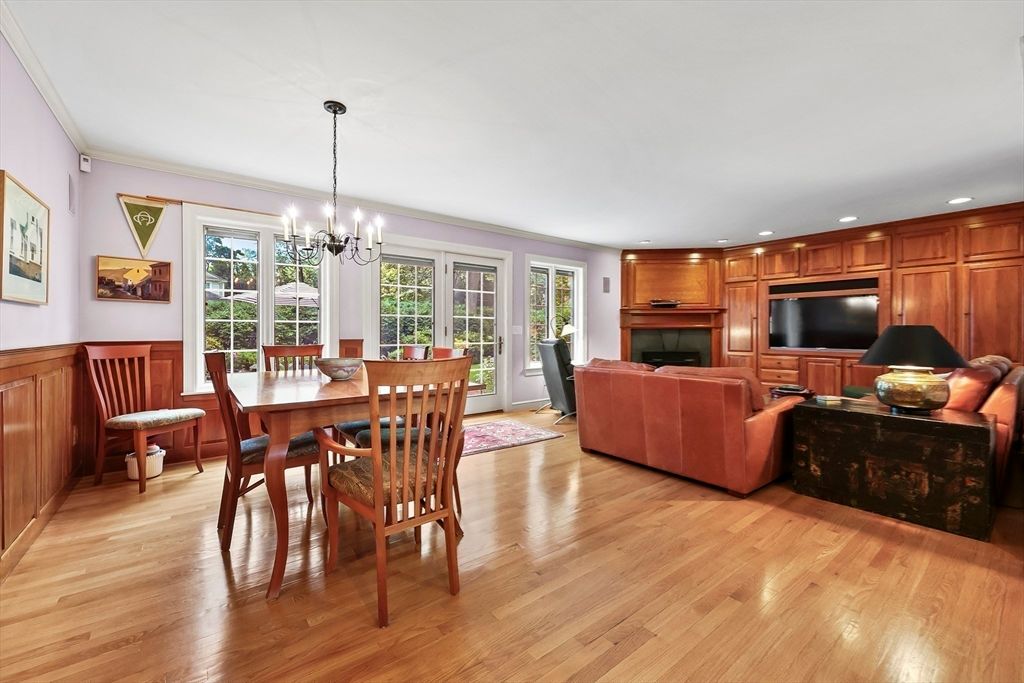 Chandelier, Dining room, Fireplace, Interior, Living room, Recessed Lighting, Wood Texture Flooring, Wooden Walls