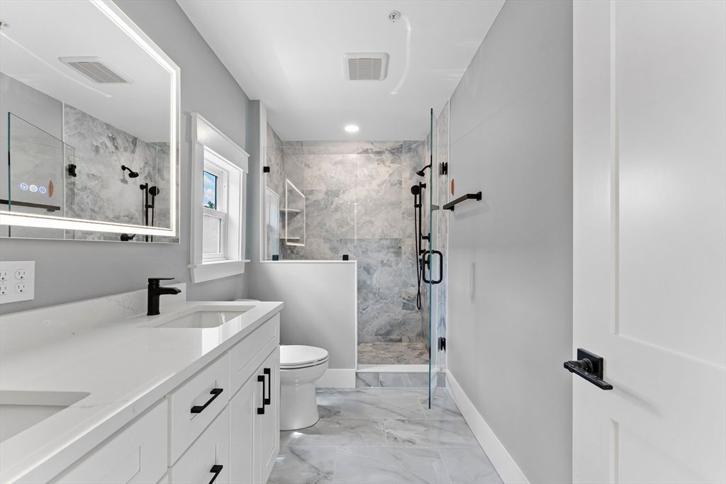 Bathroom, Glass Shower, Interior, Marble, Marble Walls, Recessed Lighting