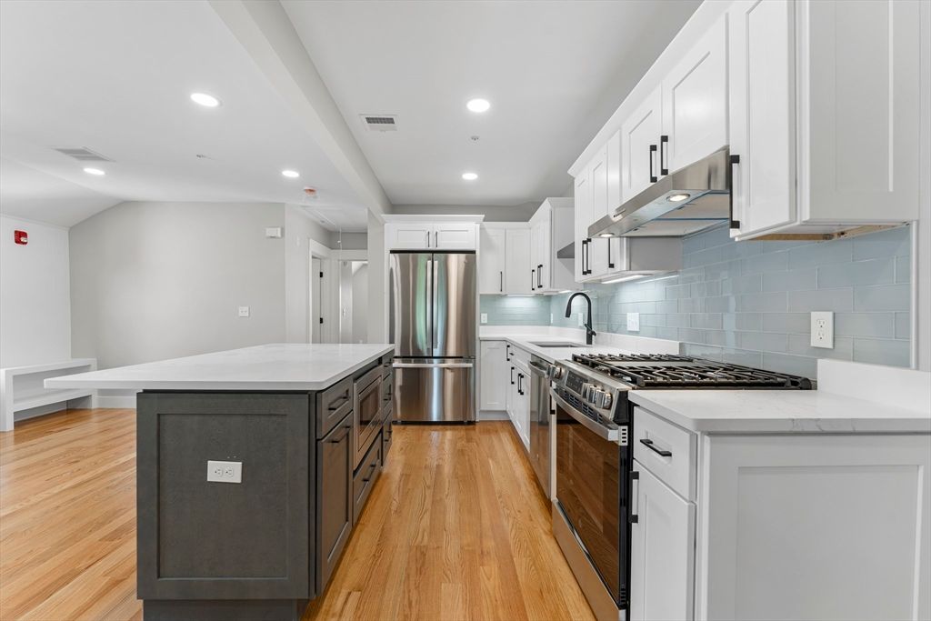 Interior, Kitchen, Recessed Lighting, Stainless Steel Appliances, Wood Texture Flooring