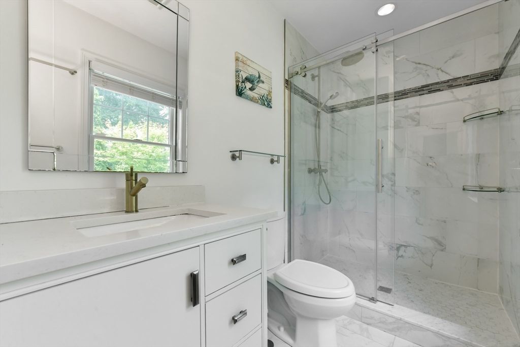 Bathroom, Glass Shower, Interior, Marble, Marble Walls, Recessed Lighting