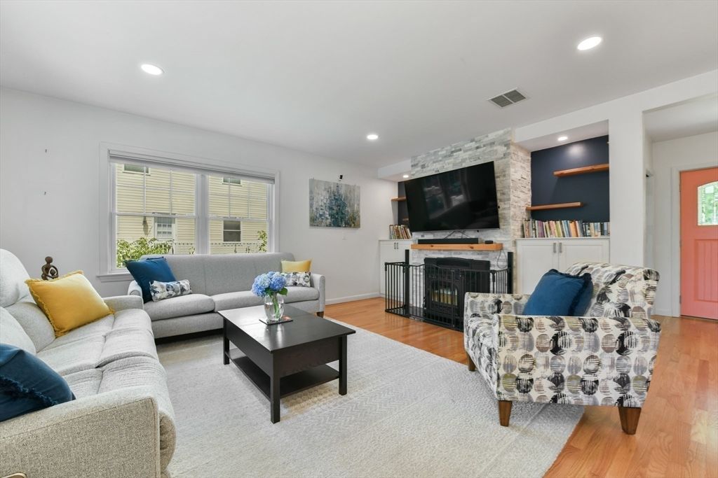 Fireplace, Interior, Living room, Recessed Lighting, Wood Texture Flooring
