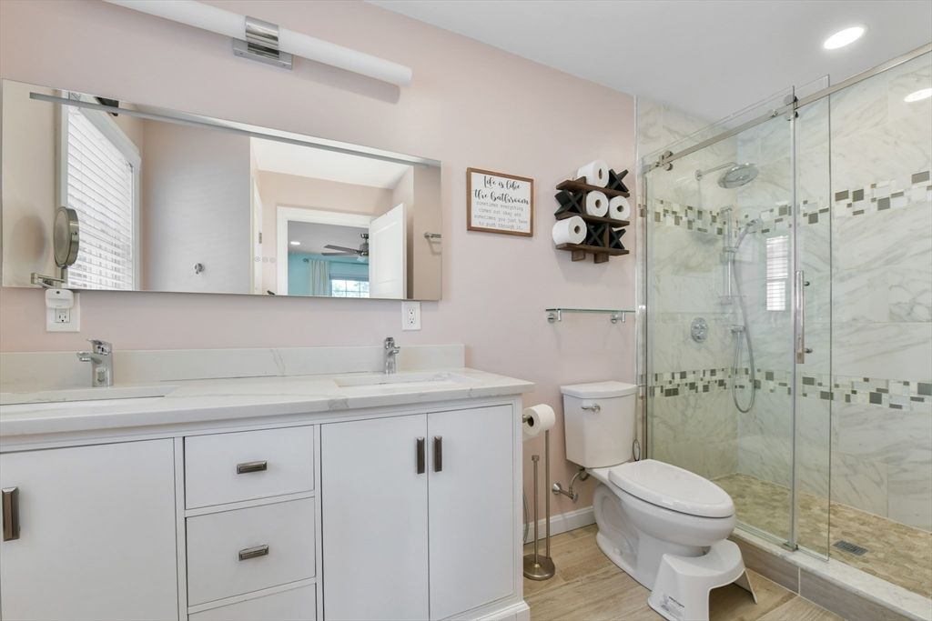 Bathroom, Glass Shower, Interior, Marble Walls, Recessed Lighting, Wood Texture Flooring