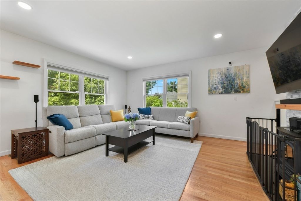 Fireplace, Interior, Living room, Recessed Lighting, Wood Texture Flooring