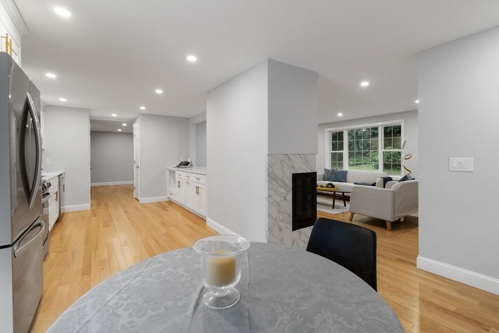 Fireplace, Interior, Kitchen, Living room, Recessed Lighting, Wood Texture Flooring