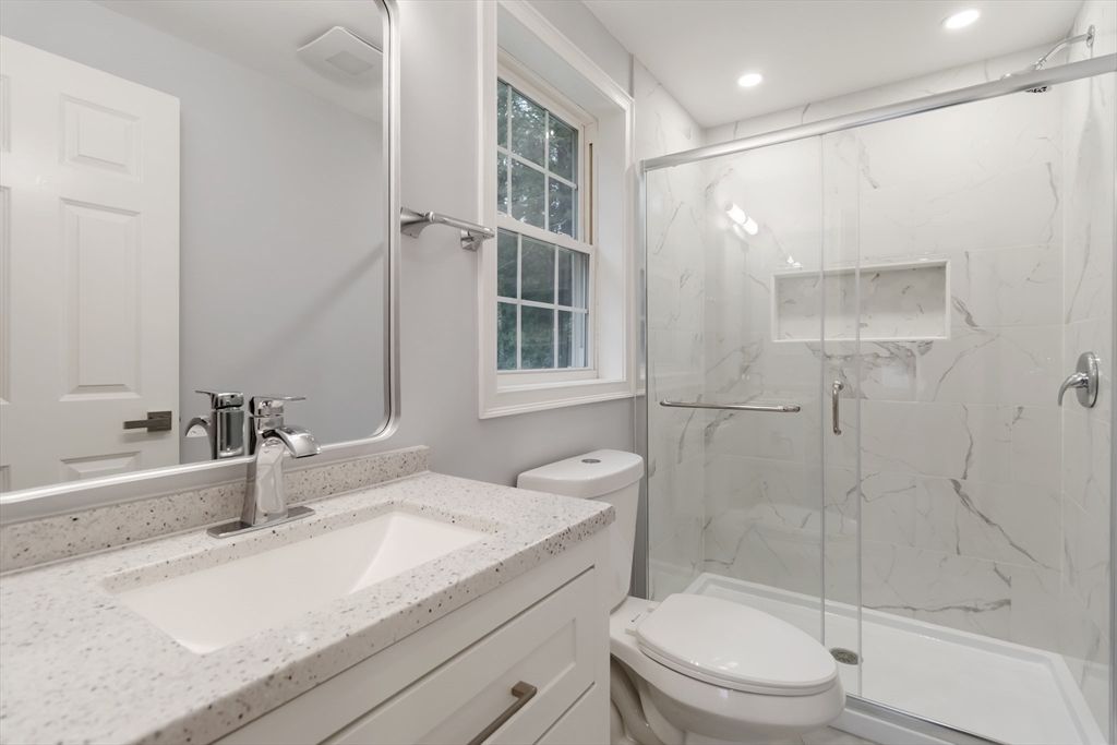 Bathroom, Glass Shower, Interior, Marble Walls, Recessed Lighting