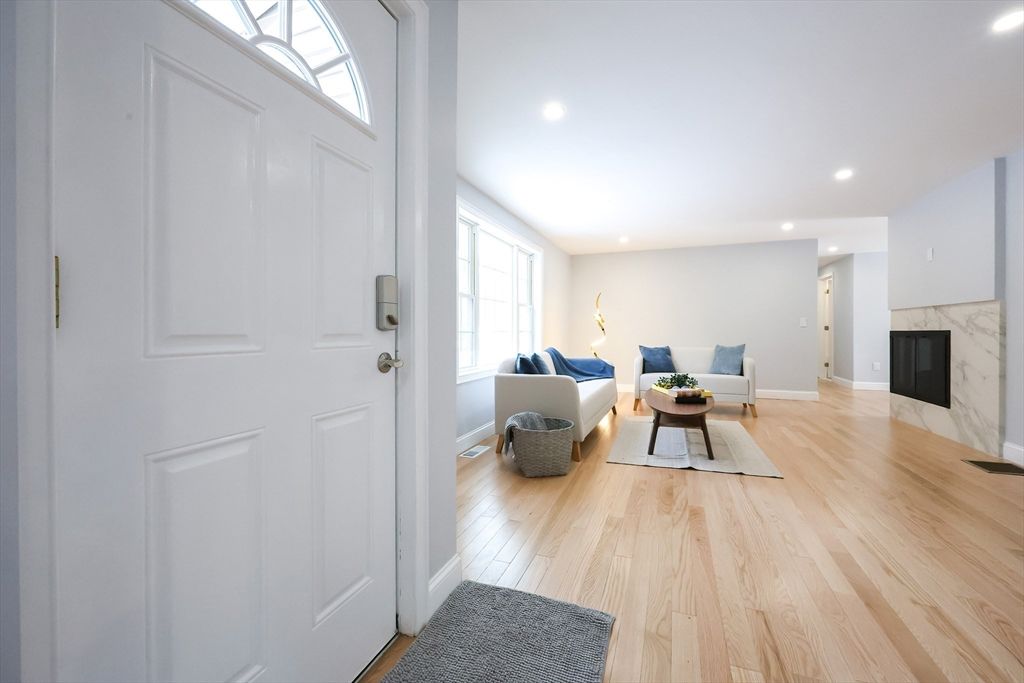 Fireplace, Interior, Living room, Recessed Lighting, Wood Texture Flooring