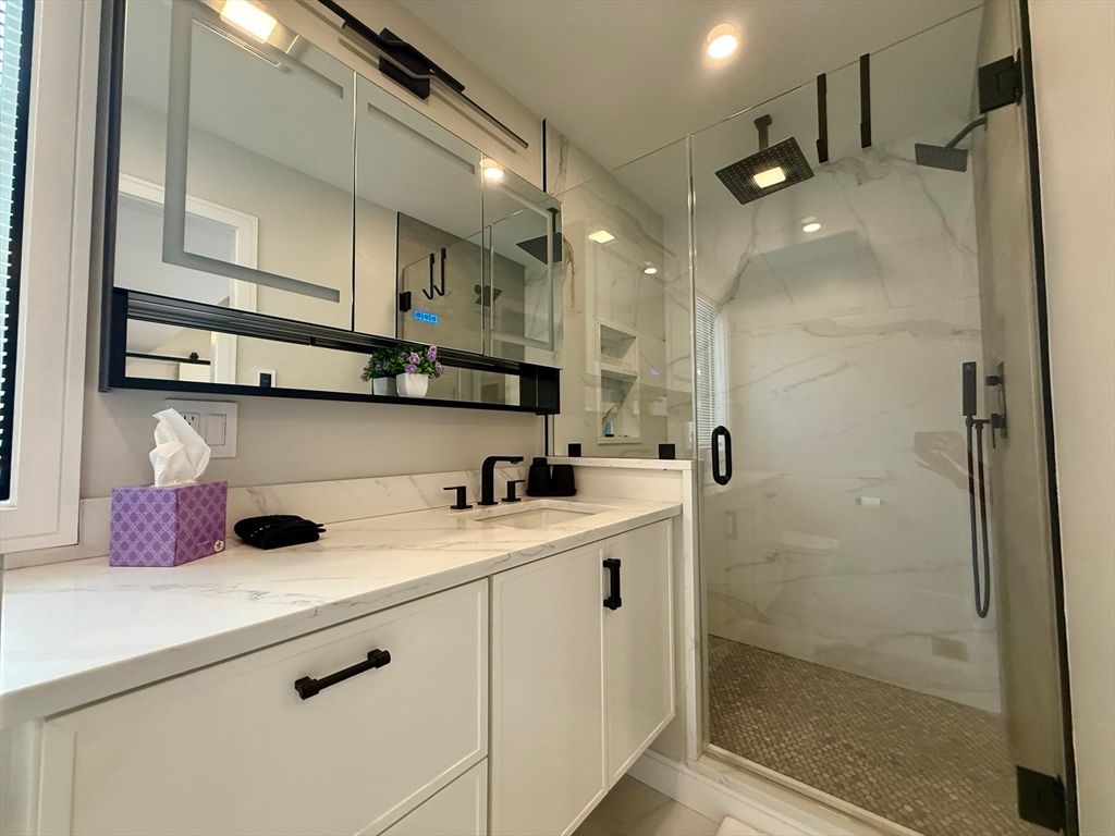Bathroom, Glass Shower, Interior, Marble Walls, Recessed Lighting