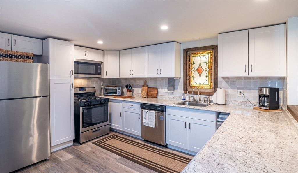 Interior, Kitchen, Recessed Lighting, Stainless Steel Appliances, Wood Texture Flooring