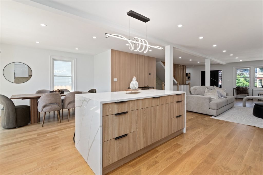 Dining room, Interior, Kitchen, Living room, Pendant Lights, Recessed Lighting, Wood Texture Flooring