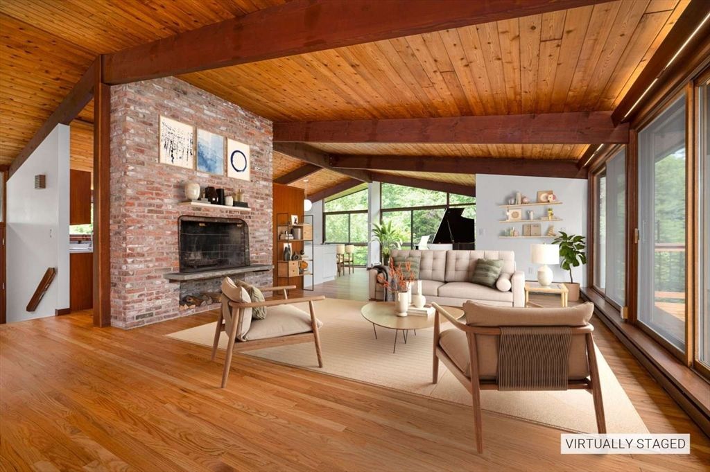 Fireplace, Interior, Living room, Piano, Stone Walls, Wooden Beams, Wooden Ceilings, Wood Texture Flooring