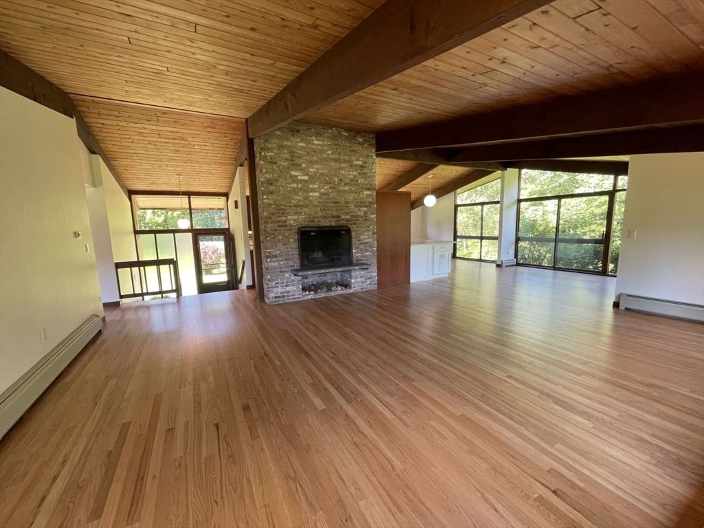 Empty room, Fireplace, Interior, Stone Walls, Wooden Beams, Wooden Ceilings, Wood Texture Flooring