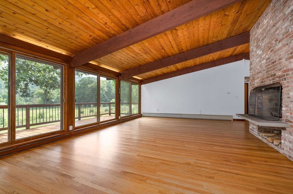Empty room, Fireplace, Interior, Stone Walls, Wooden Beams, Wooden Ceilings, Wood Texture Flooring