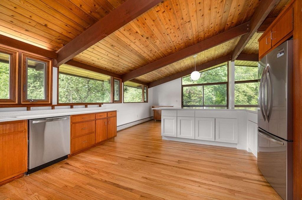 Interior, Kitchen, Pendant Lights, Stainless Steel Appliances, Wooden Beams, Wooden Ceilings, Wood Texture Flooring
