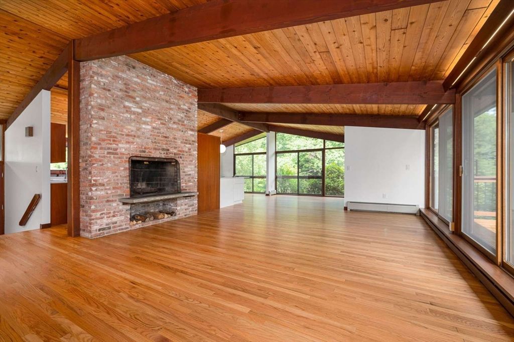 Empty room, Fireplace, Interior, Stone Walls, Wooden Beams, Wooden Ceilings, Wood Texture Flooring