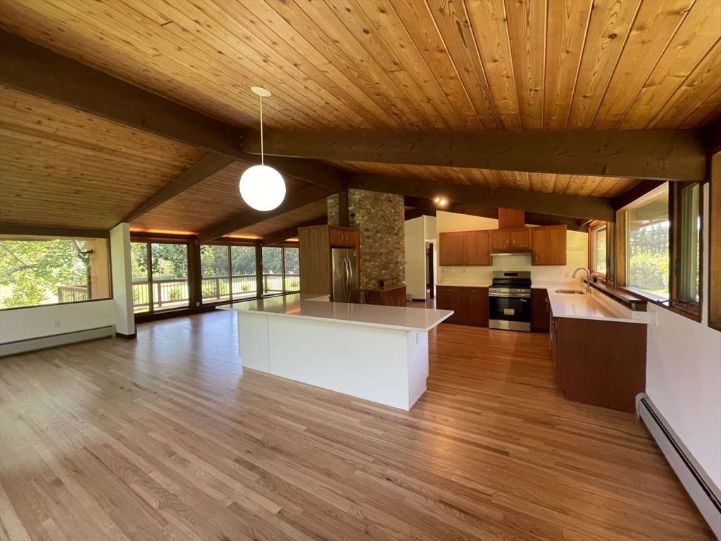 Interior, Kitchen, Pendant Lights, Stainless Steel Appliances, Stone Walls, Wooden Beams, Wooden Ceilings, Wood Texture Flooring