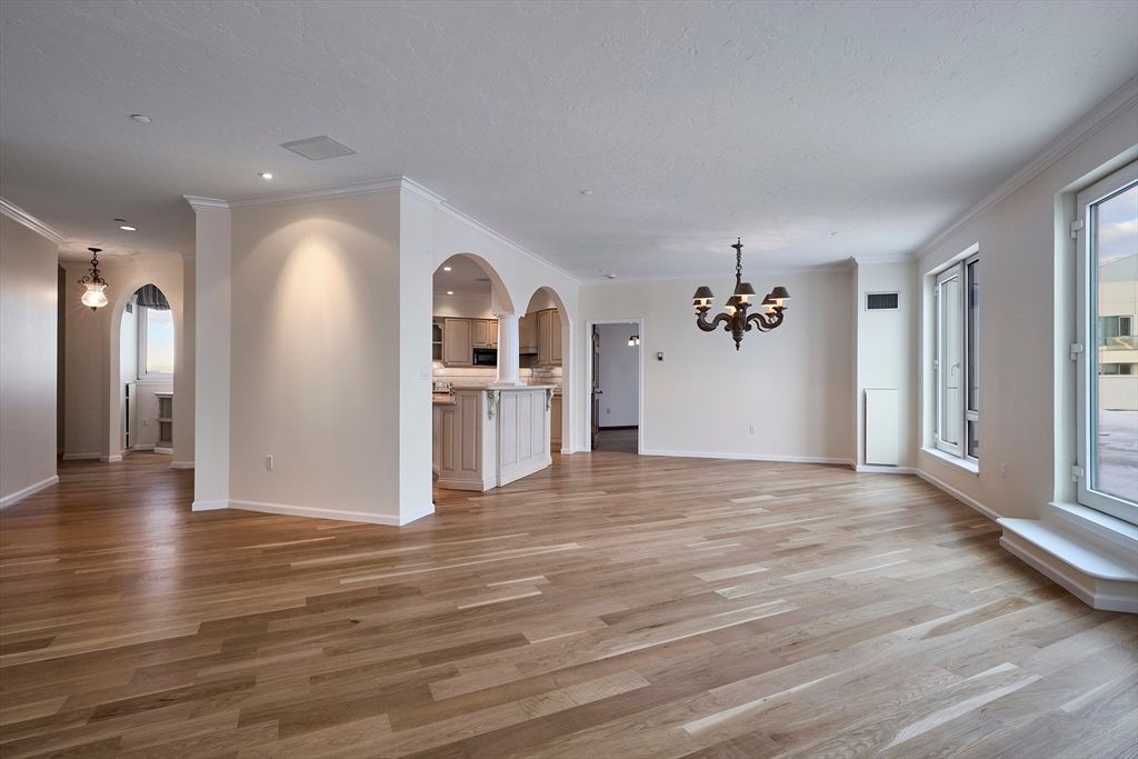 Chandelier, Empty room, Interior, Kitchen, Pendant Lights, Recessed Lighting, Wood Texture Flooring