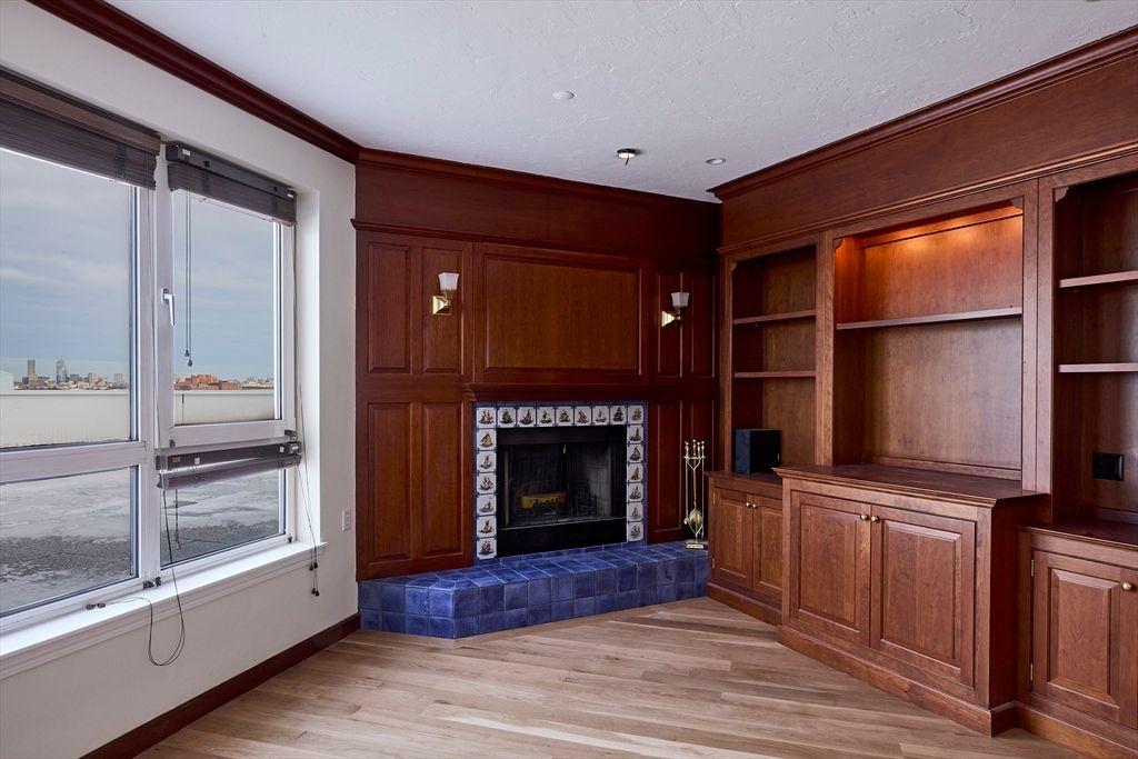 Fireplace, Interior, Recessed Lighting, Wood Texture Flooring, Wooden Walls