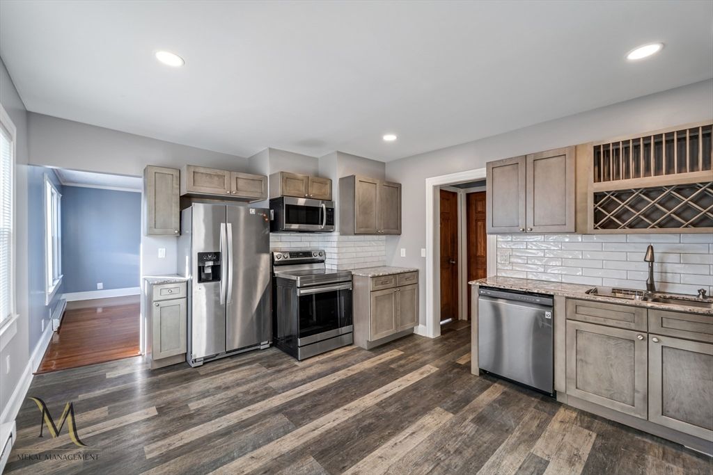 Interior, Kitchen, Recessed Lighting, Stainless Steel Appliances, Wood Texture Flooring
