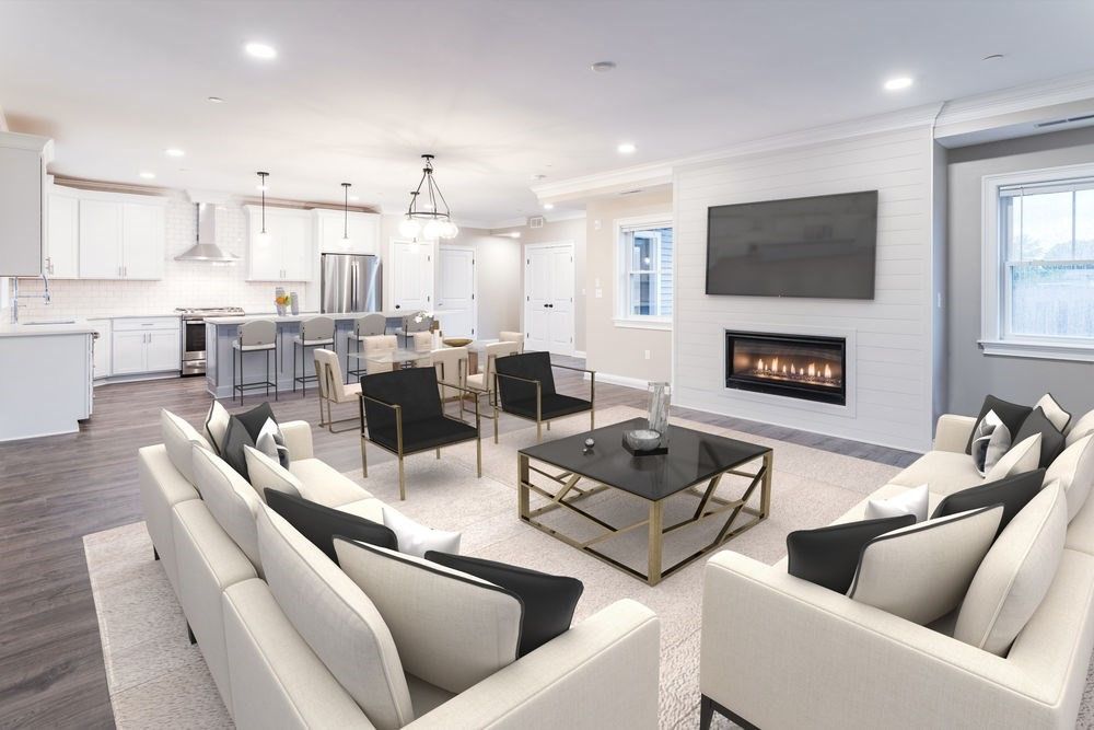 Fireplace, Interior, Kitchen, Living room, Pendant Lights, Recessed Lighting, Stainless Steel Appliances, Wood Texture Flooring
