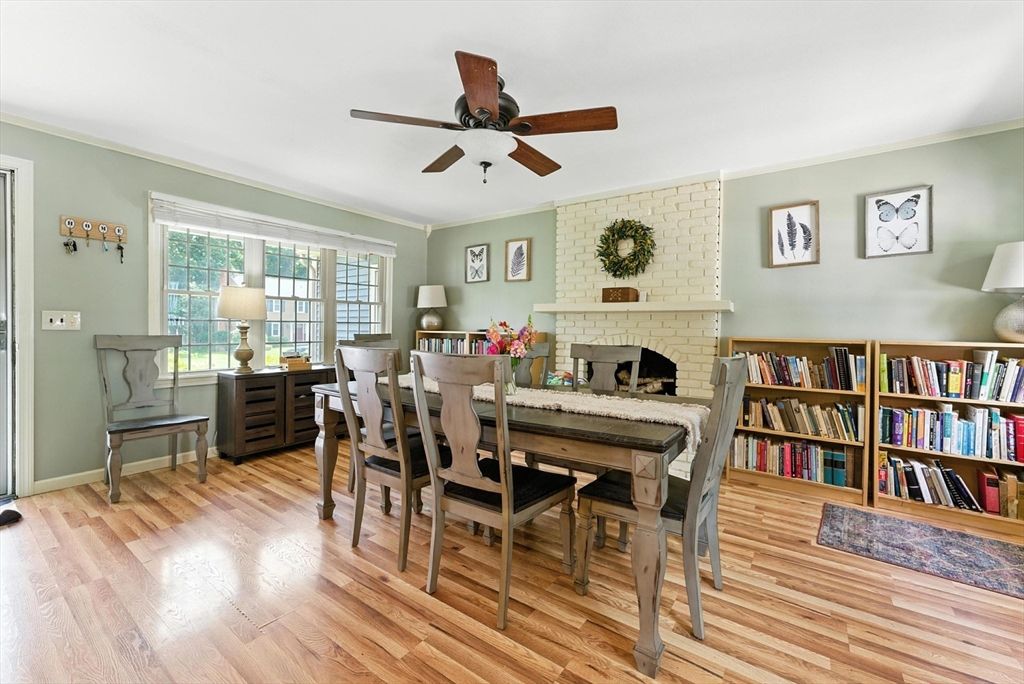 Dining room, Fireplace, Interior, Stone Walls, Wood Texture Flooring