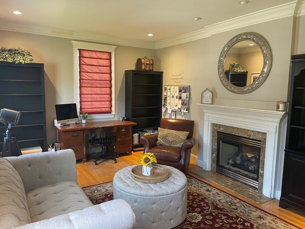 Fireplace, Home Office, Interior, Recessed Lighting, Wood Texture Flooring
