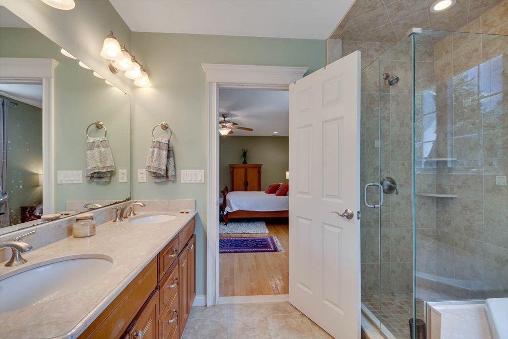 Bathroom, Bedroom, Dual Sink Vanities, Glass Shower, Interior, Living room, Recessed Lighting, Wood Texture Flooring