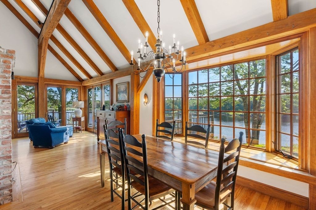 Chandelier, Dining room, Fireplace, Interior, Living room, Wooden Beams, Wood Texture Flooring