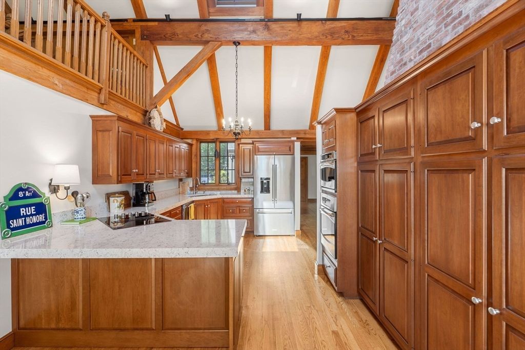 Chandelier, Interior, Kitchen, Pendant Lights, Stainless Steel Appliances, Wooden Beams, Wood Texture Flooring