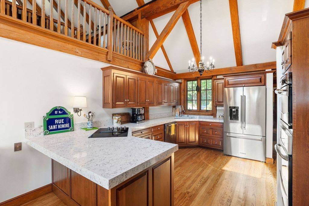 Chandelier, Interior, Kitchen, Stainless Steel Appliances, Wooden Beams, Wood Texture Flooring
